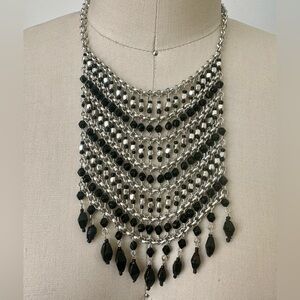 Silver and black beaded chain mail bib necklace
